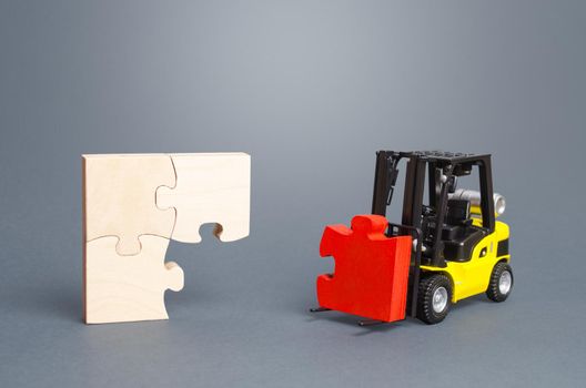 A forklift truck picks up the missing puzzle piece. Organization and systematization, step by step instructions. Procedure, key condition. Business planning. Contract road map. Priority task items
