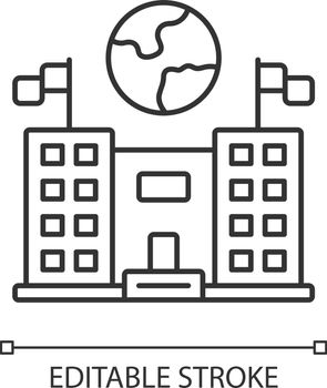 Immigration center linear icon. Embassy and consulate building. Administrative structure. Travel service. Thin line illustration. Contour symbol. Vector isolated outline drawing. Editable stroke
