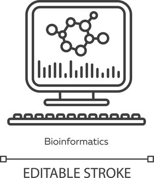 Bioinformatics linear icon. Human genome research. Biological data. Molecular genetics info. Bioengineering. Thin line illustration. Contour symbol. Vector isolated outline drawing. Editable stroke
