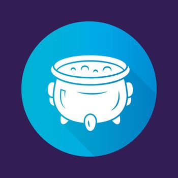 Witch cauldron blue flat design long shadow glyph icon. Brew potion. Wicked witchcraft, sorcery. Witch soup. Iron pot, boiler with magical poison. Halloween wizard item. Vector silhouette illustration