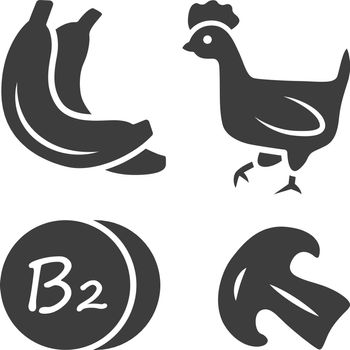 Vitamin B2 glyph icon. Bananas, poultry and mushroom. Healthy eating. Riboflavin natural food source. Minerals, antioxidants. Silhouette symbol. Negative space. Vector isolated illustration