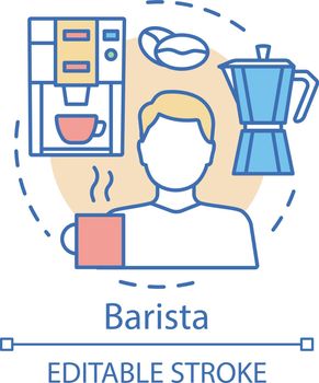 Barista concept icon. Coffeehouse employee, bartender idea thin line illustration. Coffee maker. Barista equipment, espresso machine. Coffee brewing. Vector isolated outline drawing. Editable stroke