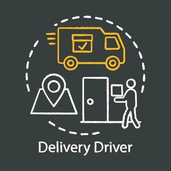 Delivery driver chalk icon. Service worker. Courier shipping parcel to door. Express shipment, distribution. Delivery vehicle, truck. Cargo shipping. Isolated vector chalkboard illustration