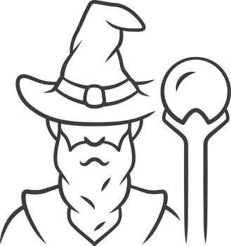 Wizard linear icon. Thin line illustration. Sorcerer, magician in hat. Old wise man, fantasy druid. Fairytale warlock with beard. Contour symbol. Vector isolated outline drawing. Editable stroke