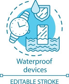 Waterproof gadgets concept icon. Water resistant devices idea thin line illustration. Moisture protection for watches, smartphones, electronics. Vector isolated outline drawing. Editable stroke