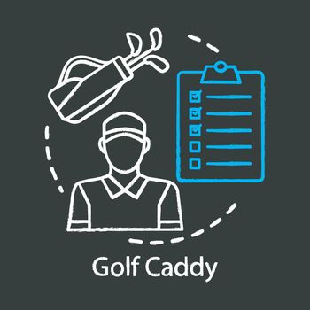 Golf caddy chalk icon. Sport coach, trainer. Player assistant. Golf bag with clubs. Field stadium staff, personnel. Instructor, worker. Isolated vector chalkboard illustration