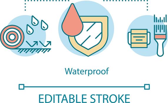 Hydrophobic materials, substances concept icon. Moisture resistant surface with waterdrops idea thin line illustration. Waterproof paint. Vector isolated outline drawing. Editable stroke
