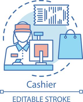 Cashier concept icon. Shop employee idea thin line illustration. Retail store staff. Checkout operator. Sales clerk at store. Seller, saleswoman. Vector isolated outline drawing. Editable stroke