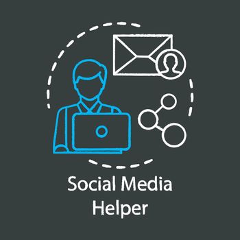 Social media helper chalk icon. Users support operator, consultant. Customer service. SMM manager, digital marketer. Social network. Media network. Isolated vector chalkboard illustration