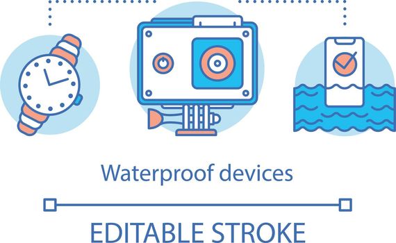 Waterproof electronic devices concept icon. Water resistant gadgets idea thin line illustration. Moisture protection for smartphones, cameras. Vector isolated outline drawing. Editable stroke