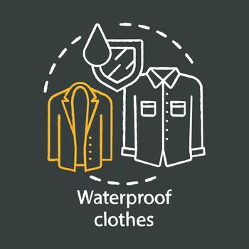 Waterproof clothes chalk concept icon. Moisture resistant autumn clothing, raincoat idea. Hydrophobic textile, fabric waterproof properties. Vector isolated chalkboard illustration