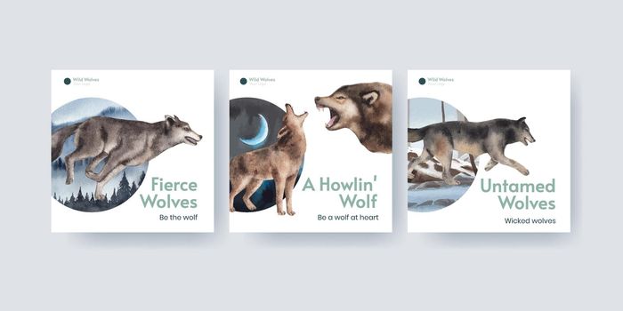 Banner template with wolf in winter concept,watercolor style 