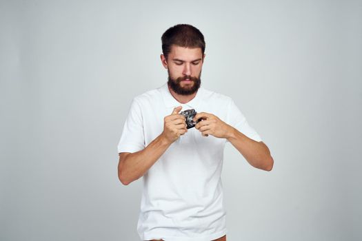 man in shirt photographer Professional with a camera hobby
