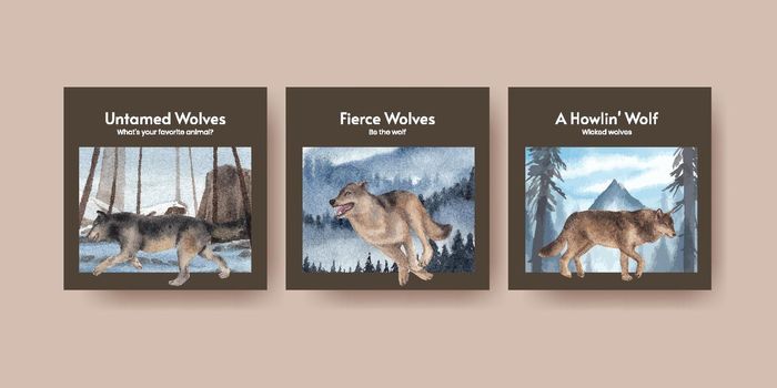Banner template with wolf in winter concept,watercolor style 