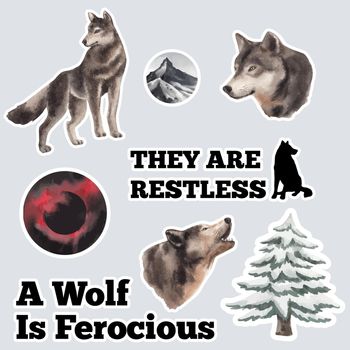 sticker template with wolf in winter concept,watercolor style 