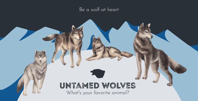 Billboard template with wolf in winter concept,watercolor style 