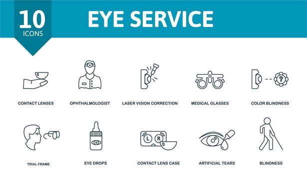 Eye Service icon set. Collection of simple elements such as the contact lenses, ophthalmologist, laser vision correction, medical glasses, artificial tears, eye drops, blindness.