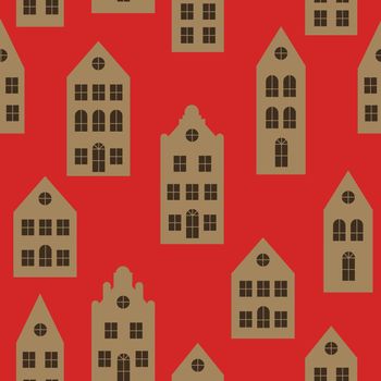 Silhouette of Amsterdam style paper houses lantern. Seamless pattern. Buildings in old European fashion. Christmas LED light box template for laser cut