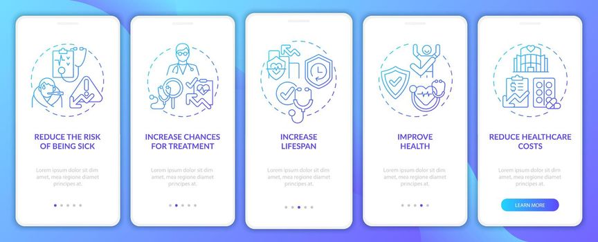 Check ups benefits blue gradient onboarding mobile app page screen