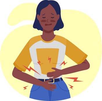 Woman with stomach pain semi flat color vector character