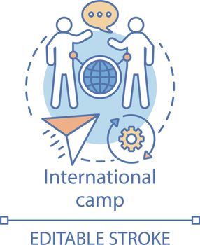 International camp concept icon. Meeting new people abroad, experiencing foreign cultures idea thin line illustration. Travelling around globe, world. Vector isolated outline drawing. Editable stroke