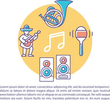 Music performance article page vector template. Festival, concert. Brochure, magazine, booklet design element with linear icons and text boxes. Print design. Concept illustrations with text space