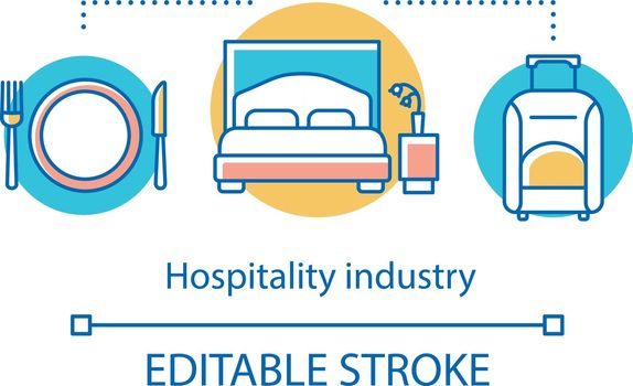 Hospitality industry concept icon. Lodging, food and drink service. Tourism and travel. Hotel accommodation with meals idea thin line illustration. Vector isolated outline drawing. Editable stroke