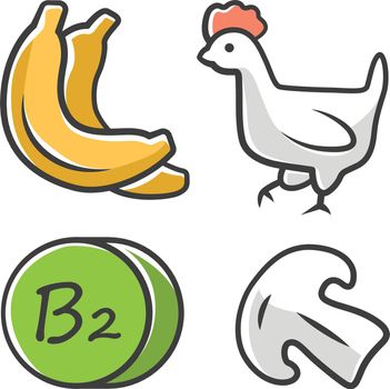 Vitamin B2 color icon. Bananas, poultry and mushroom. Healthy eating. Riboflavin natural food source. Proper nutrition. Fruits, meat products. Minerals, antioxidants. Isolated vector illustration