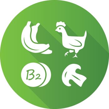 Vitamin B2 green flat design long shadow glyph icon. Bananas, poultry and mushroom. Riboflavin natural food source. Proper nutrition. Fruits, meat products. Minerals. Vector silhouette illustration