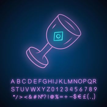 Chalice cup neon light icon. Medieval, ancient goblet. Holy Grail. Magical, occult ritual gothic chalice. Ceremonial wine antique goblet. Glowing alphabet, numbers. Vector isolated illustration