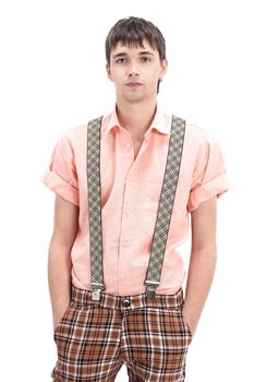 young guy wearing a colourful old-fashioned clothes in the style of pinup.