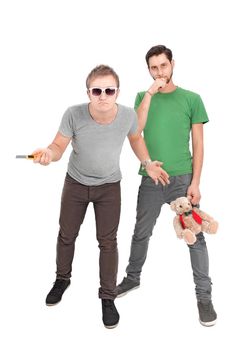 guy with a knife and the guy with a children's toy .isolated on a white background.