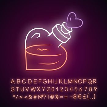 Love potion neon light icon. Philtre. Alchemy and apothecary liquid bottle. Magical elixir, drink. Occultism & witchcraft spell. Glowing sign with alphabet, numbers. Vector isolated illustration
