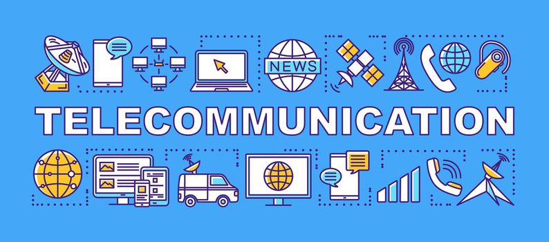 Telecommunication word concepts banner. Global communication service. Telecom system. Presentation, website. Isolated lettering typography idea with linear icons. Vector outline illustration