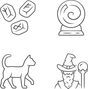 Magic linear icons set. Runestones, fortune telling crystal ball, witch cat, wizard. Witchcraft and sorcery halloween symbols. Thin line contour symbols. Isolated vector illustrations. Editable stroke