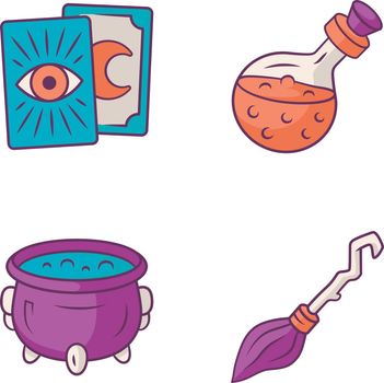 Magic color icons set. Tarot cards, potion, witch cauldron and broomstick. Witchcraft and sorcery Halloween items. Isolated vector illustrations