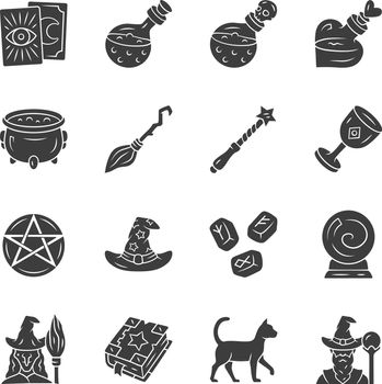 Magic glyph icons set. Witchcraft, sorcery Halloween item. Occult, gypsy mystic rituals tools. Fortune telling, divination. Superstitions & predictions. Silhouette symbol. Vector isolated illustration