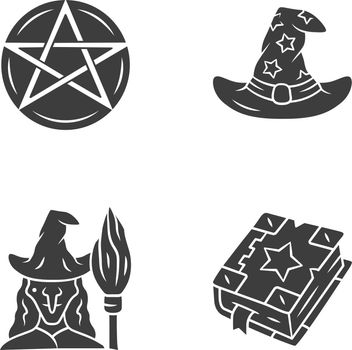 Magic glyph icons set. Pentagram, wizard hat, witch, spell book. Witchcraft, occult ritual items. Mystery objects. Silhouette symbols. Vector isolated illustration