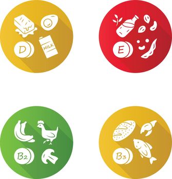 Vitamins flat design long shadow glyph icons set. D, E, B2, B3 vitamins natural food source. Dairy products, nuts. Proper nutrition. Healthy food. Minerals, antioxidant. Vector silhouette illustration