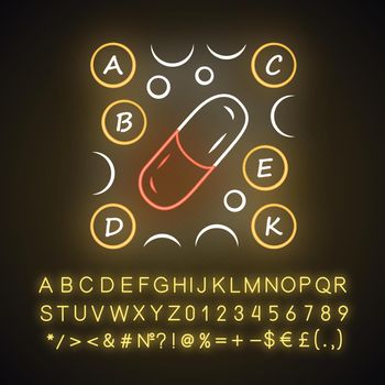 Vitamin pills neon light icon. A, B, C, D, E, K multi vitamins complex. Multivitamin medication. Vital minerals. Glowing sign with alphabet, numbers and symbols. Vector isolated illustration