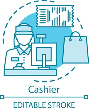 Cashier concept icon. Sales clerk at store, shop employee idea thin line illustration. Retail store staff. Checkout operator. Seller, saleswoman. Vector isolated outline drawing. Editable stroke