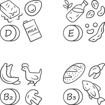 Vitamins linear icons set. D, E, B2, B3 vitamins natural food source. Dairy products, nuts. Minerals, antioxidants. Thin line contour symbols. Isolated vector outline illustrations. Editable stroke