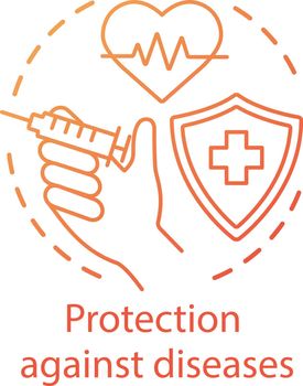 Protection against diseases, viruses concept icon. Vaccination idea thin line illustration. Healthy lifestyle, inoculation .Shield with cross, syringe and heart vector isolated outline drawing