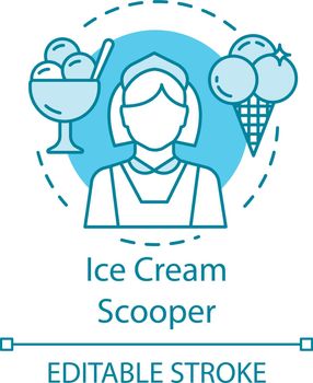 Ice cream scooper concept icon. Food and beverage service job idea thin line illustration. Catering, ice cream shop worker. Part-time employment. Vector isolated outline drawing. Editable stroke