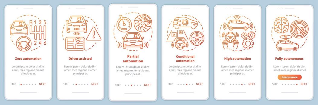 Driverless car stages onboarding mobile app page screen with linear concepts. Vehicle development walkthrough steps graphic instructions. UX, UI, GUI vector template with illustrations