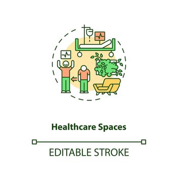 Healthcare spaces concept icon. Hospital environment. Patient healing. Greenery for mental wellness. Biophilia idea thin line illustration. Vector isolated outline RGB color drawing. Editable stroke