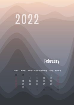 2022 february vertical calendar every month separately. monthly personal planner template. Peak silhouette abstract gradient colorful background, design for print and digital