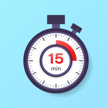 The 15 minutes timer. Stopwatch icon in flat style.