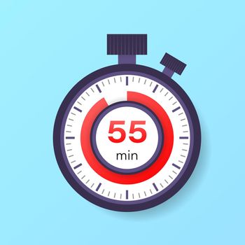 The 55 minutes timer. Stopwatch icon in flat style.
