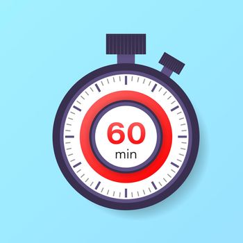 The 60 minutes timer. Stopwatch icon in flat style.
